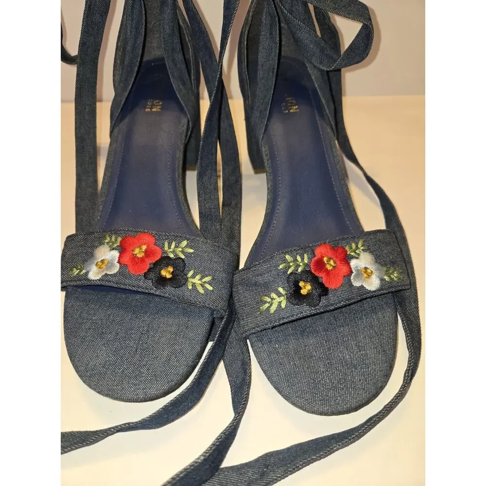 Kenneth Cole Reaction Womens Size 11 Embroidered Denim Heels w Tie Around Ankle